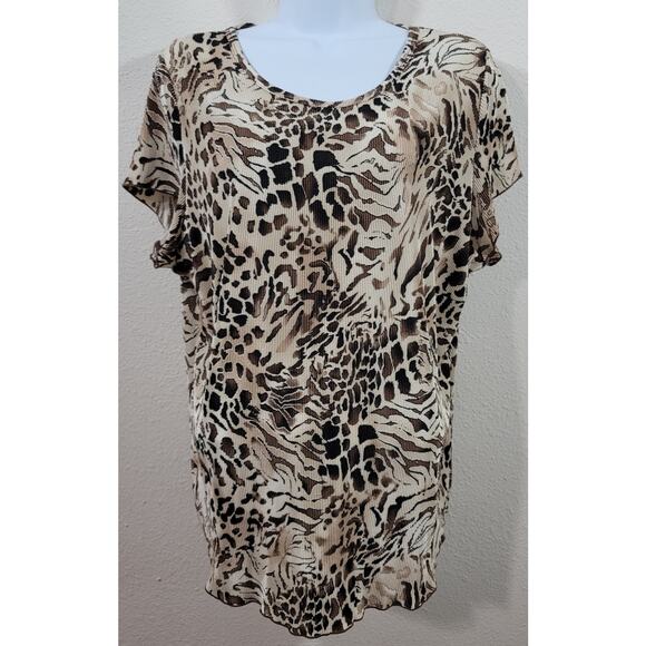 Dress Barn Brown Leopard Print Pleated Top 2X Plus Lightweight Short Sleeve Soft - Picture 1 of 6